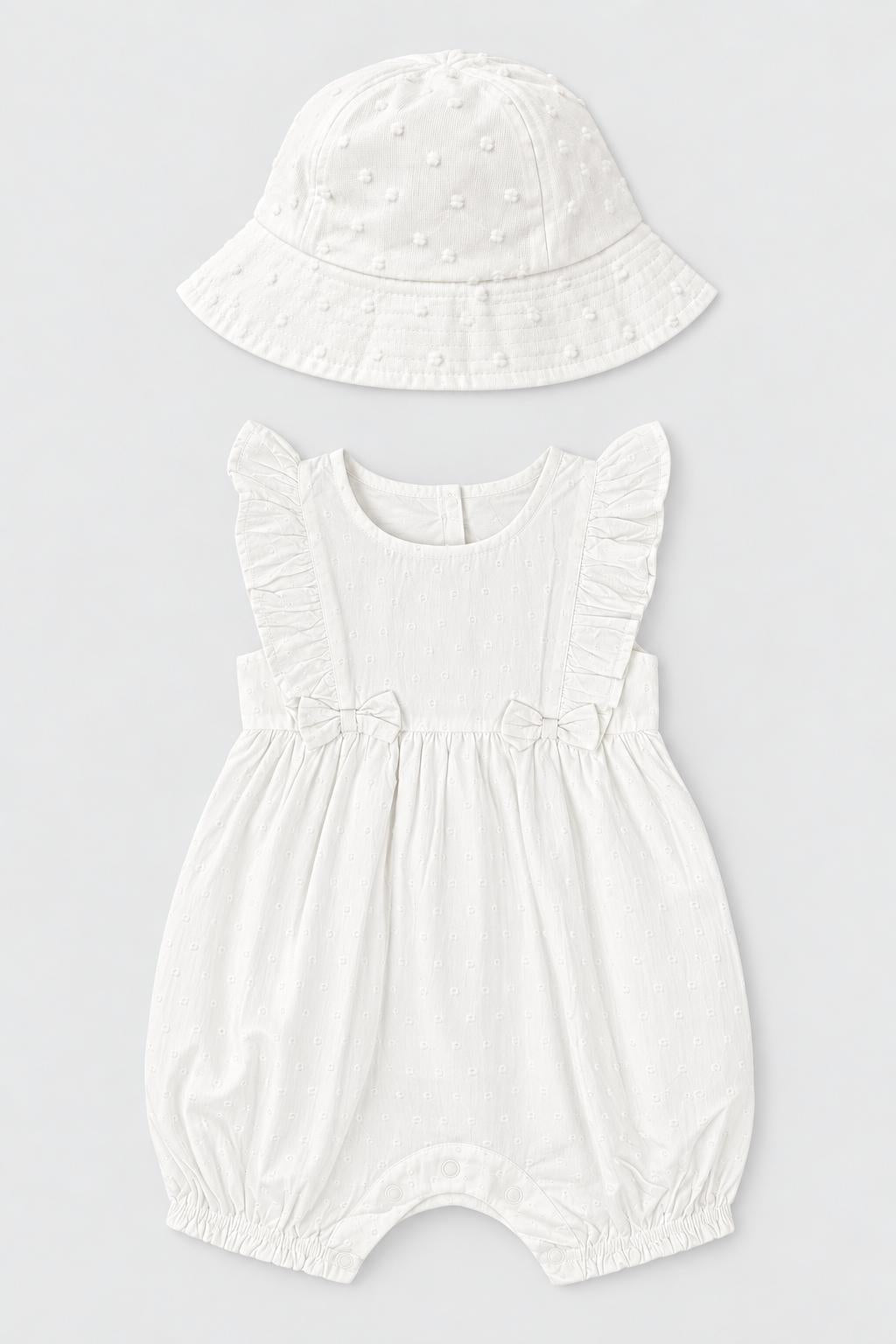 CuddleFields Swiss Dot Romper & Sun Hat Set - Crisp White