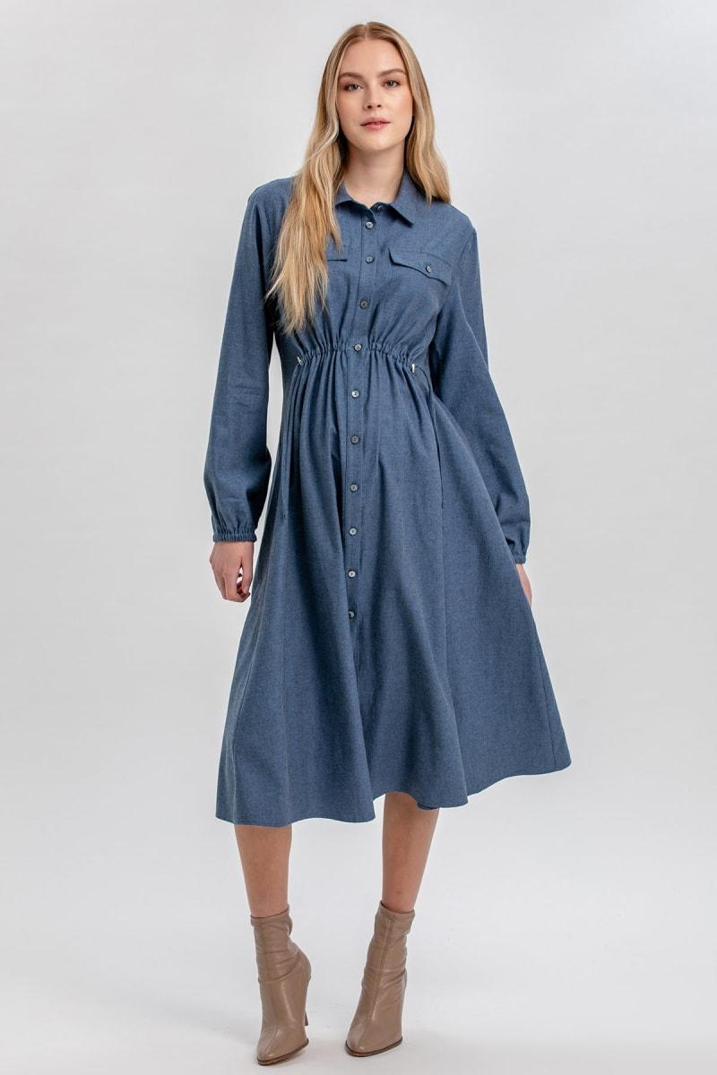 ERICA Midi Long-Sleeve Maternity Shirt Dress - Avion Blue