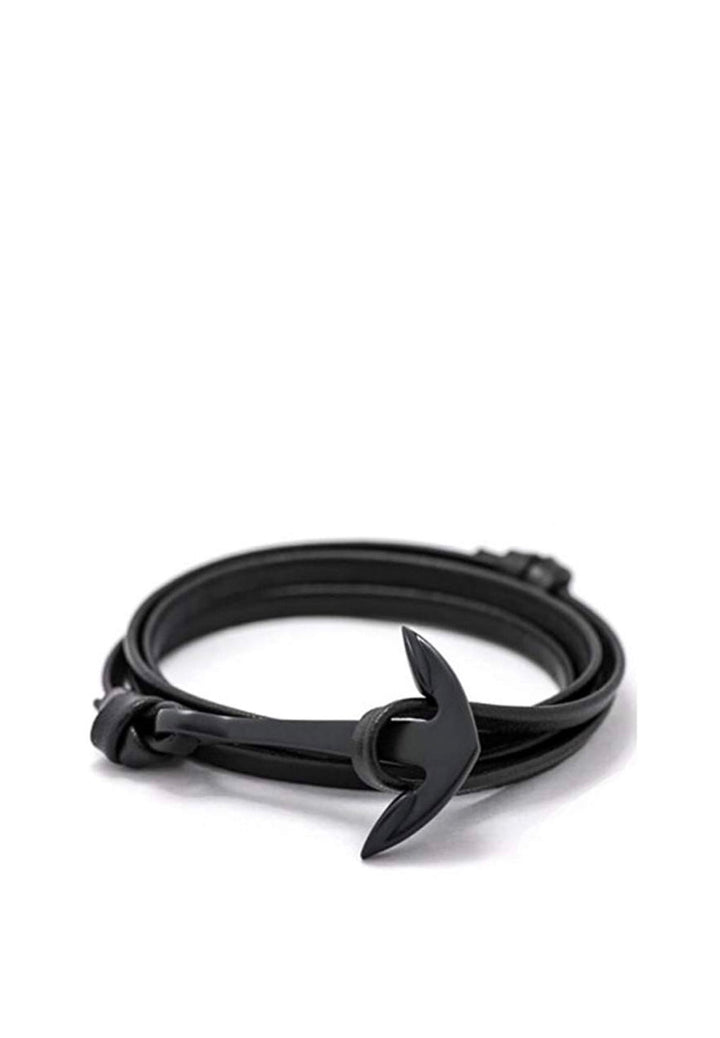 Black Plated Anchor Wrap Leather Bracelet