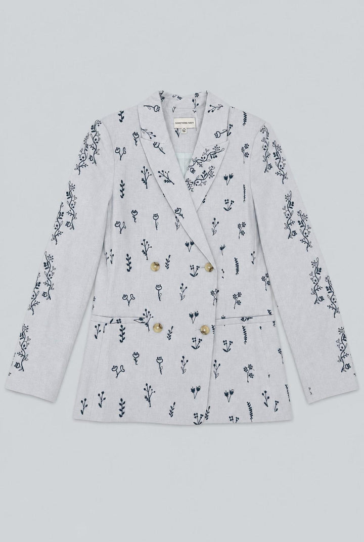 Embroidered Double Breasted Blazer - Blue Combo