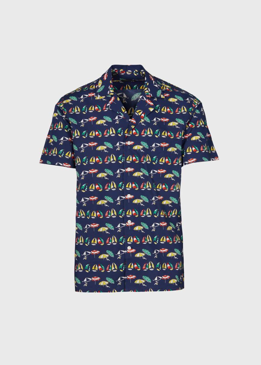 Printed Cotton Camp Collar Shirt - Blue