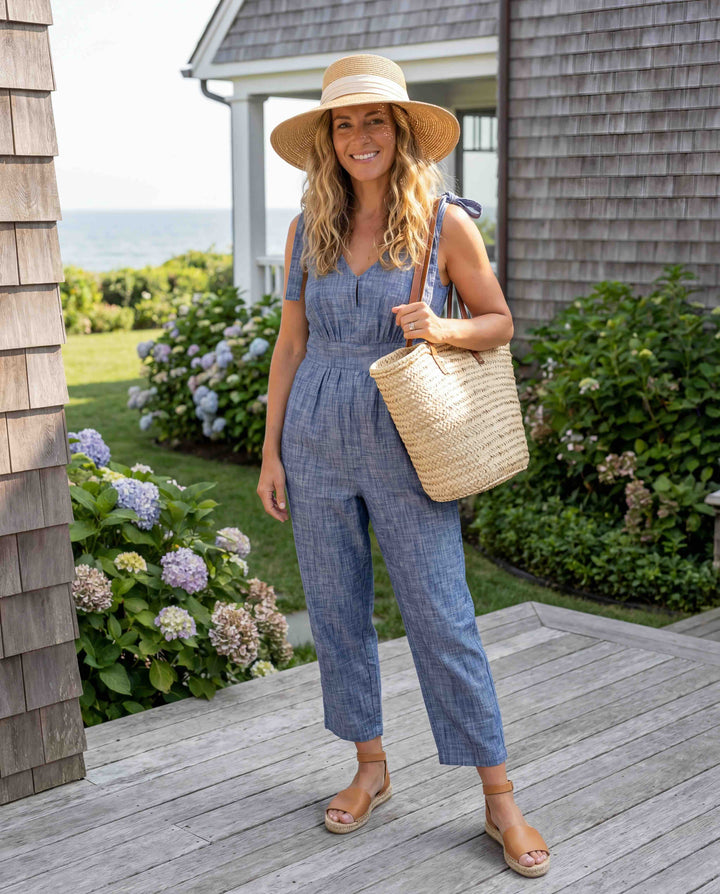 Women's Bow Shoulder Organic Jumpsuit - Blue Chambray