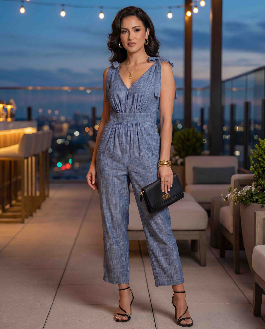 Women's Bow Shoulder Organic Jumpsuit - Blue Chambray