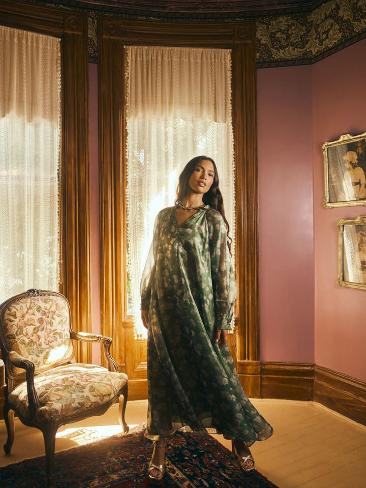 Caroline Dress - Green Blurry Magnolia