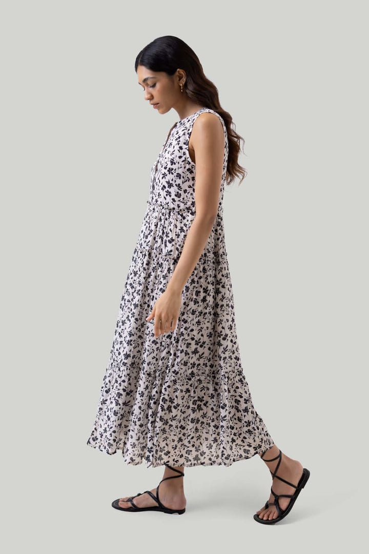 Sleeveless Tiered Floral Maxi Dress - Black Dahlia