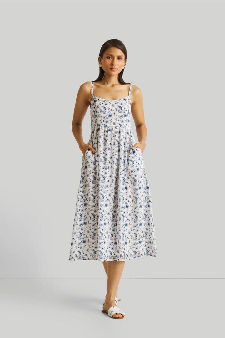 Strappy Gathered Floral Midi Dress - Wisteria Whimsy