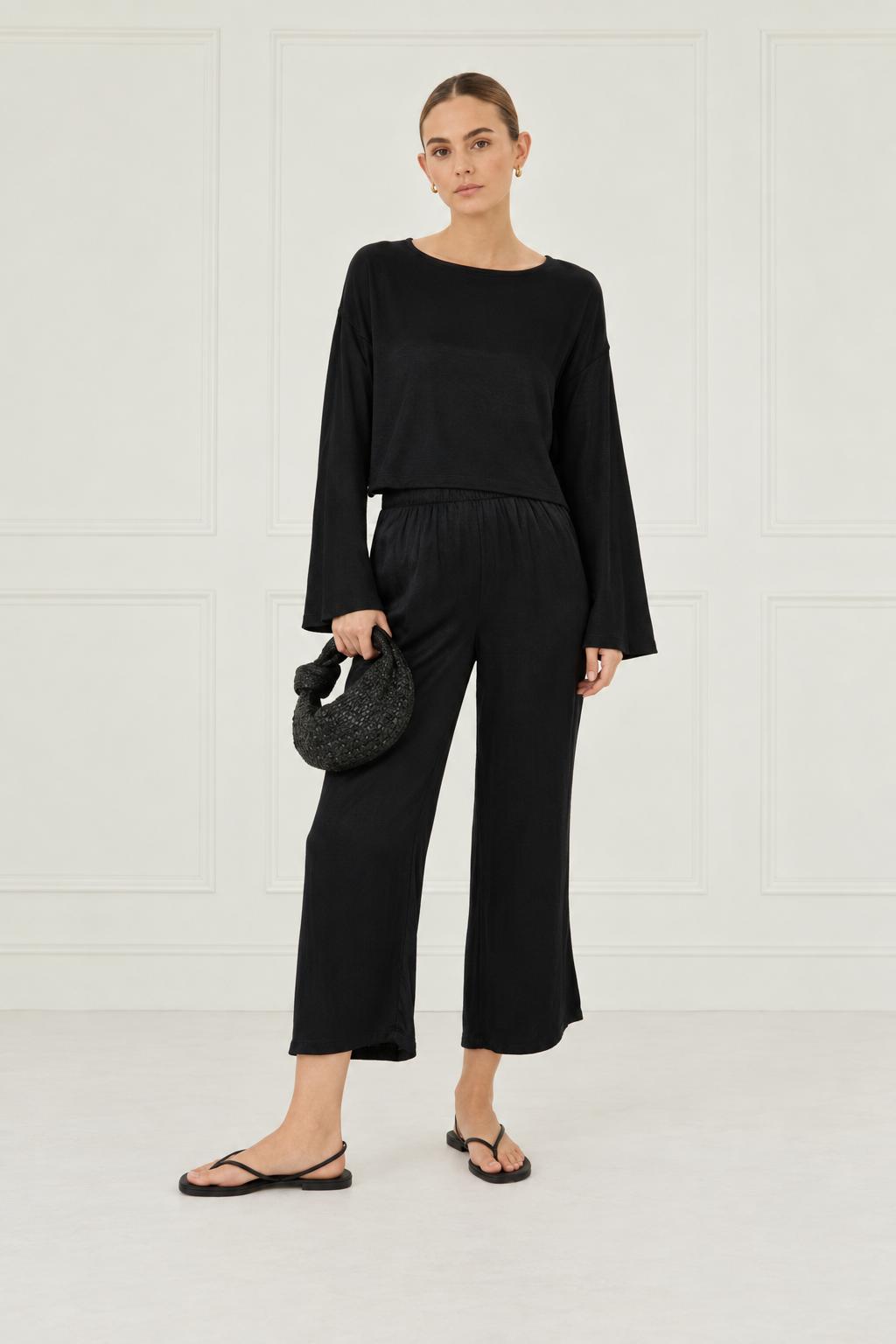 Silky Long Sleeve Cropped Top - Black