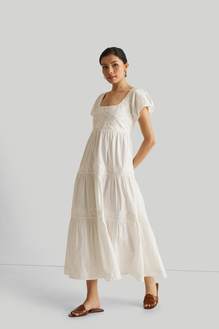 Puff Sleeve Embroidered Tiered Dress - Coconut White
