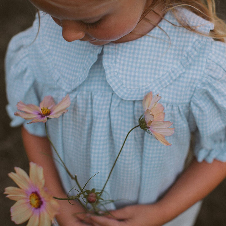 Baby Marbles Dress - Baby Blue And Milk Mini Check Linen