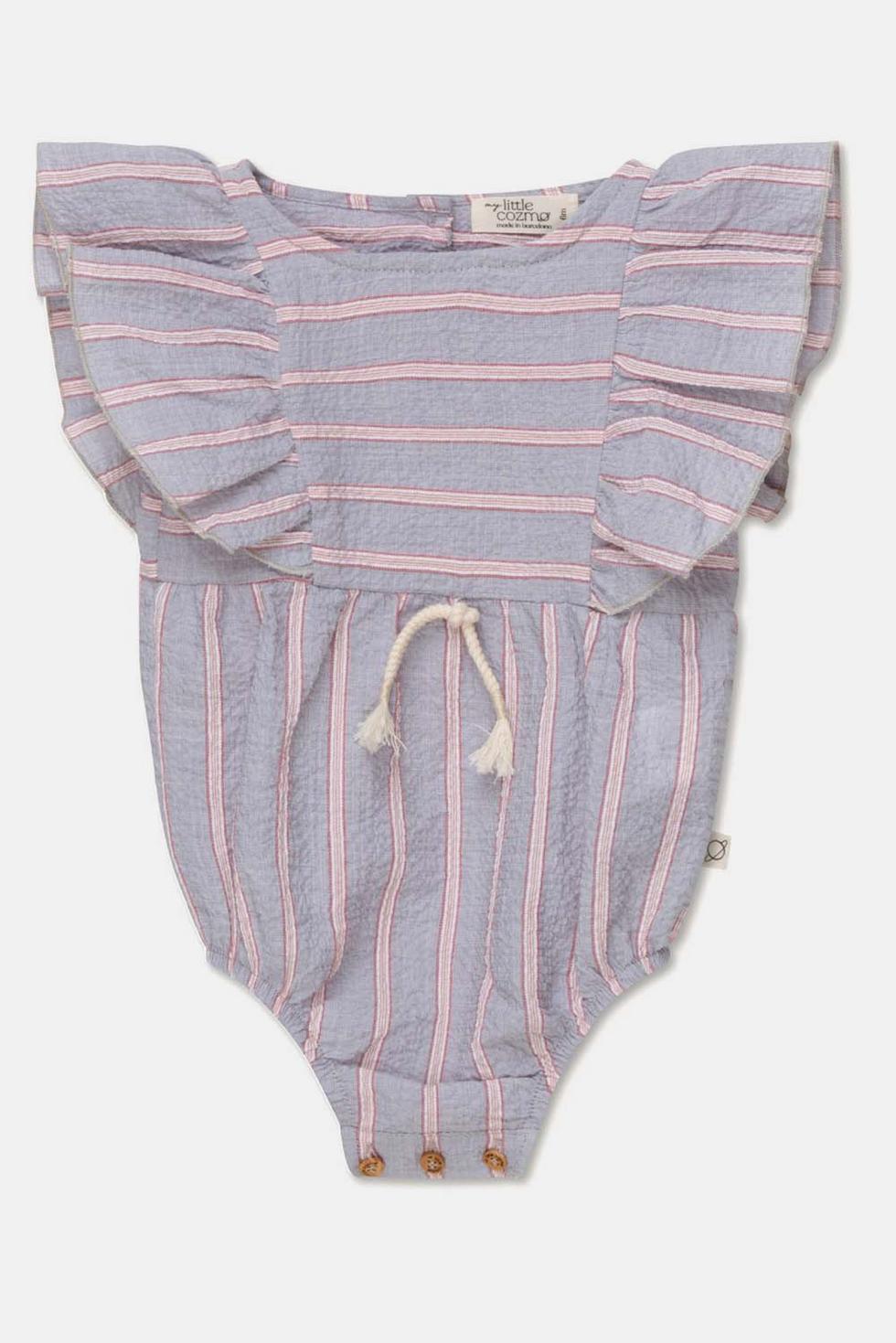 Seersucker stripe ruffle baby romper