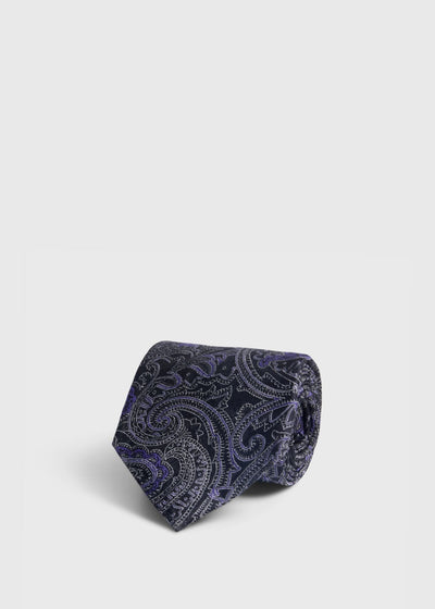 Woven Silk Allover Paisley Tie - Black/Royal