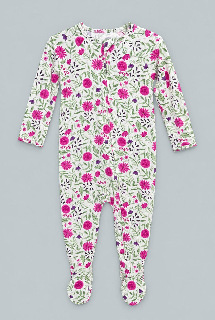Sweet Purple Flowers Zipper Footie - Lainey