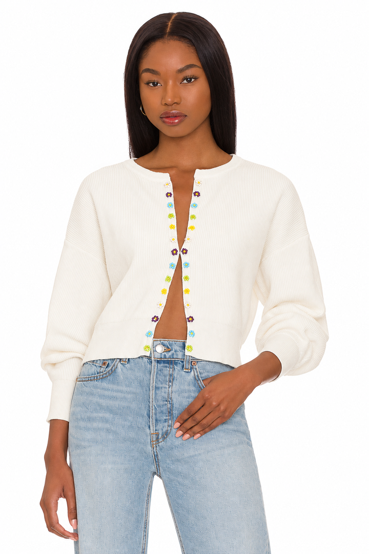 Cardigan With Beaded Daisies - Cream Multi