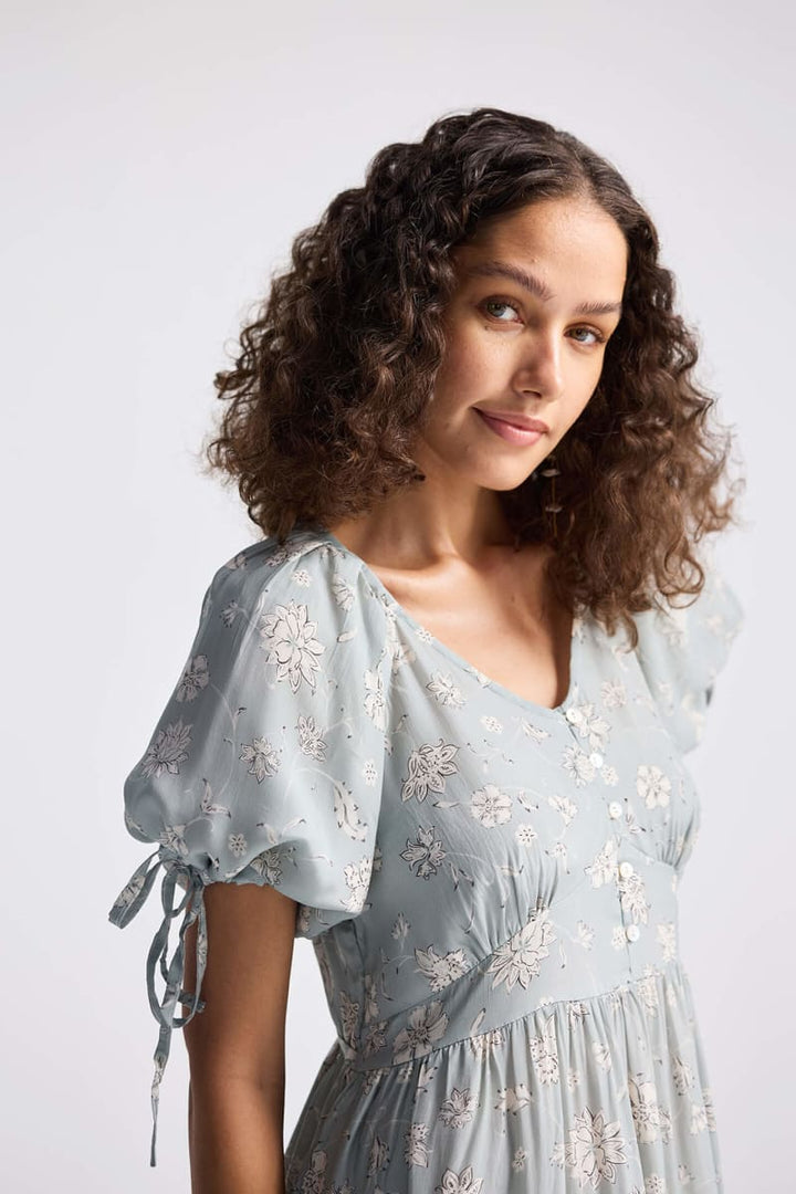 Puff Sleeve Midi Dress - Serene Symphony