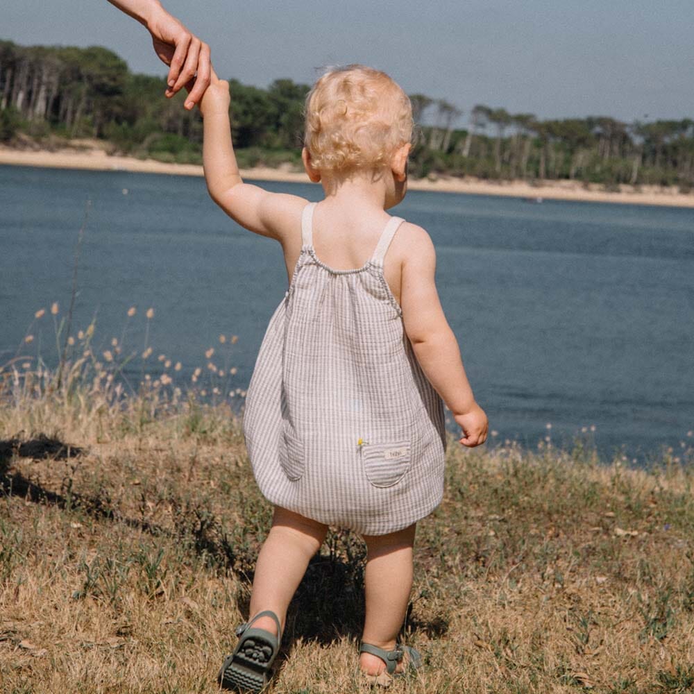 Vertical Stripes Jumpsuit with Button Straps - Light Gray