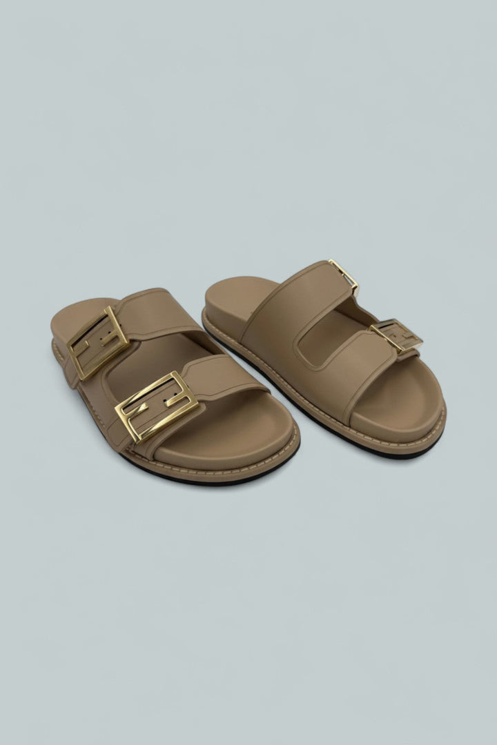 Vitello Leather Slides - Buff