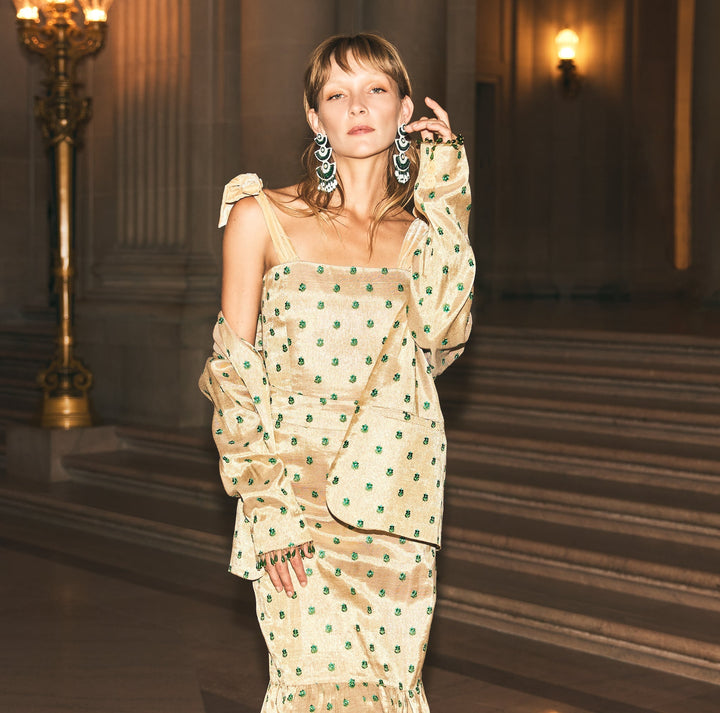 Desirae Embroidered Beaded Blazer - Light Gold/Mini Geometric Floral embroidery