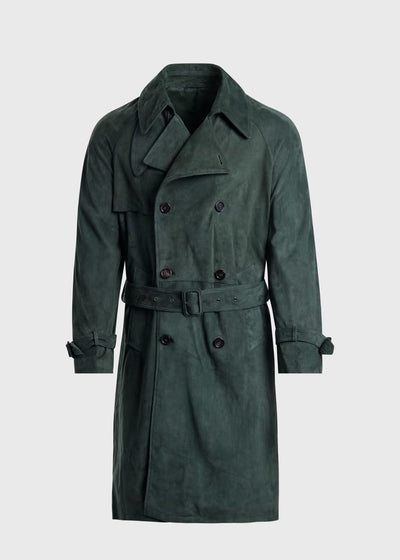 Suede DB Raglan Sleeve Trench Coat - Olive