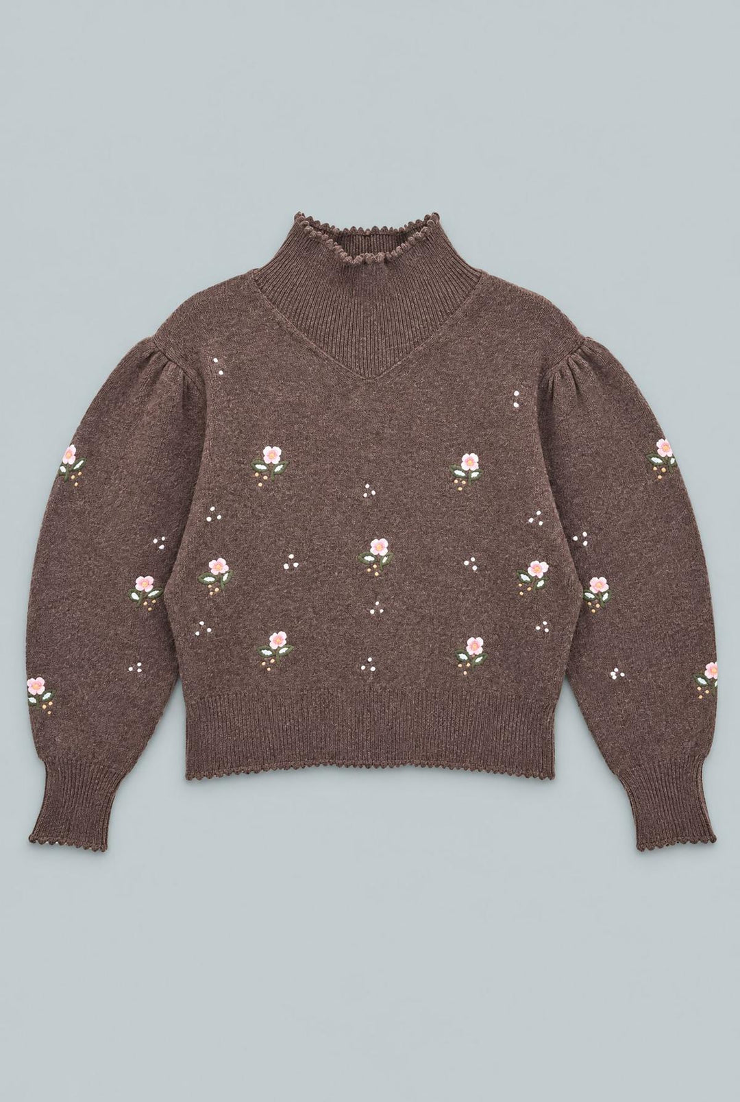Embroidered Mock Neck Sweater - Brown