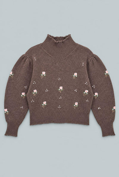 Embroidered Mock Neck Sweater - Brown