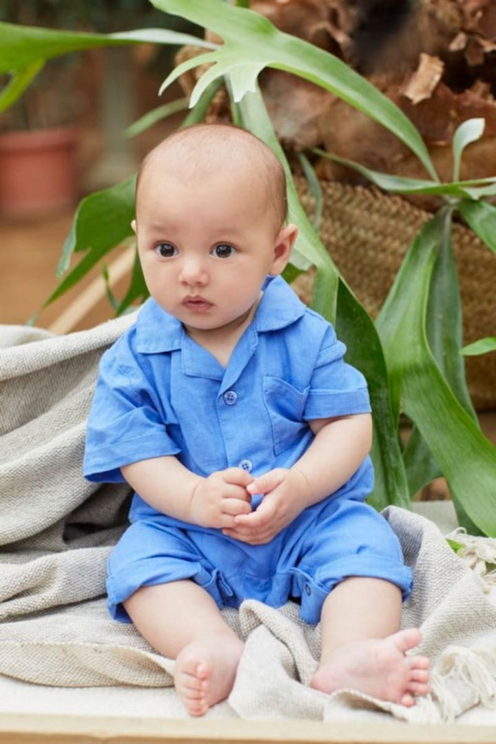 Linen Cotton Baby Jumpsuit - Royal Blue