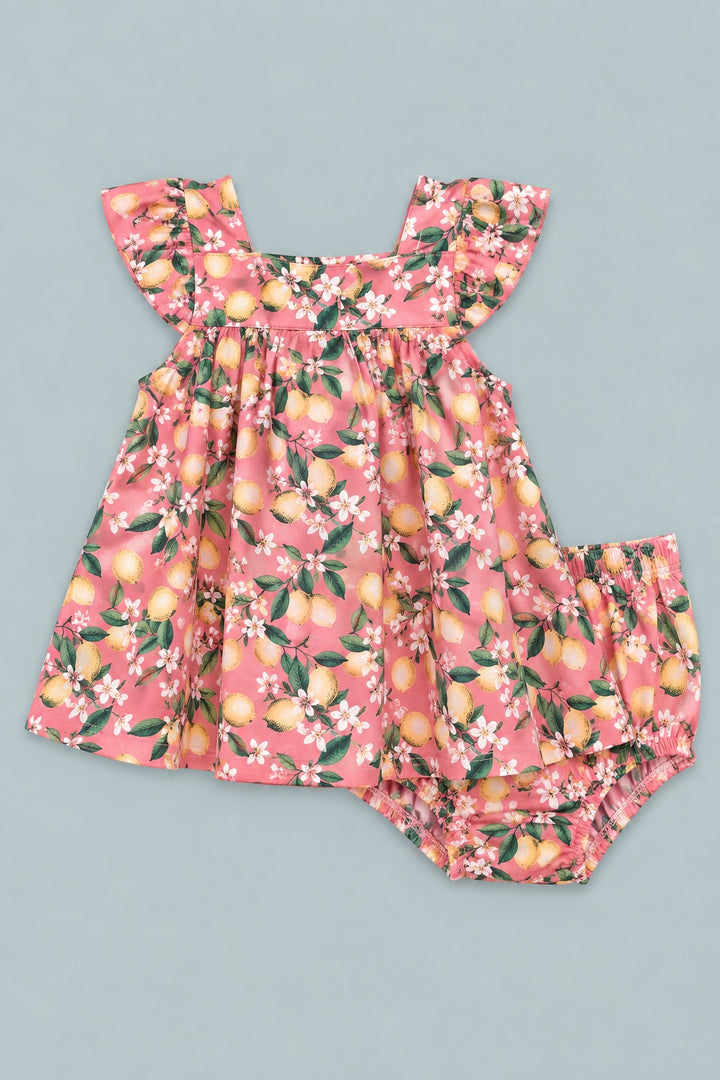 Lemon Floral Print Ruffle Dress With Bloomer - Lemons Pink