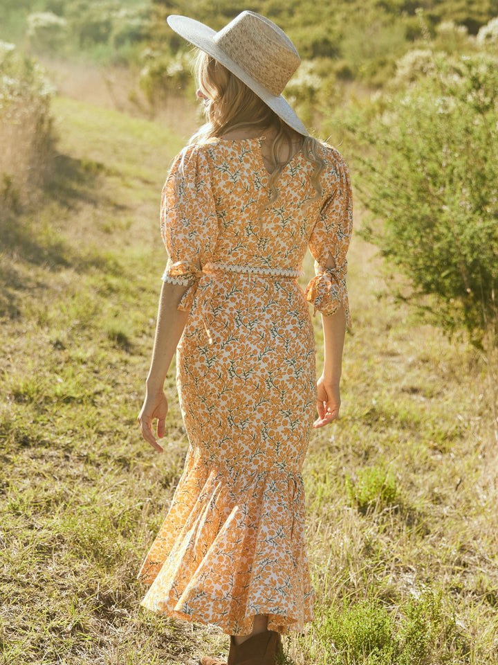 Frances Square Neck Top - Ivory/Clementine Floral print