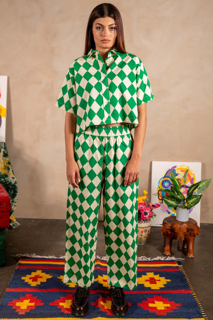 Hand Printed 'Seema' Pants - Green And Beige Rhombus