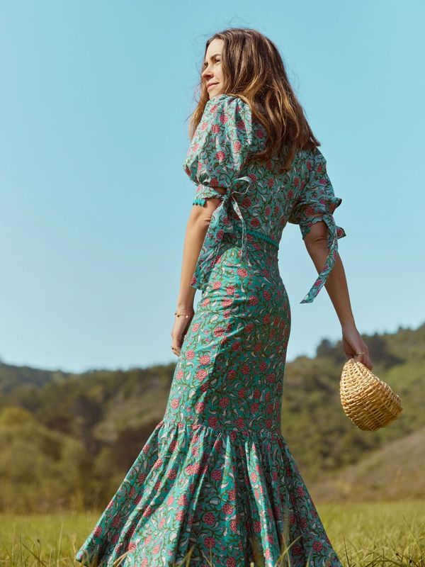 Patsy Fluted Pencil Skirt - Teal & Cerise Floral Print