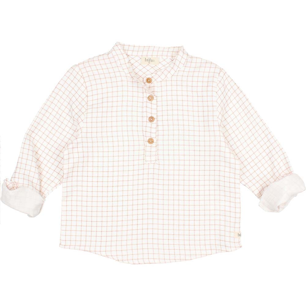 Half Button Down Mini Check Shirt - Terracotta Tops Buho 