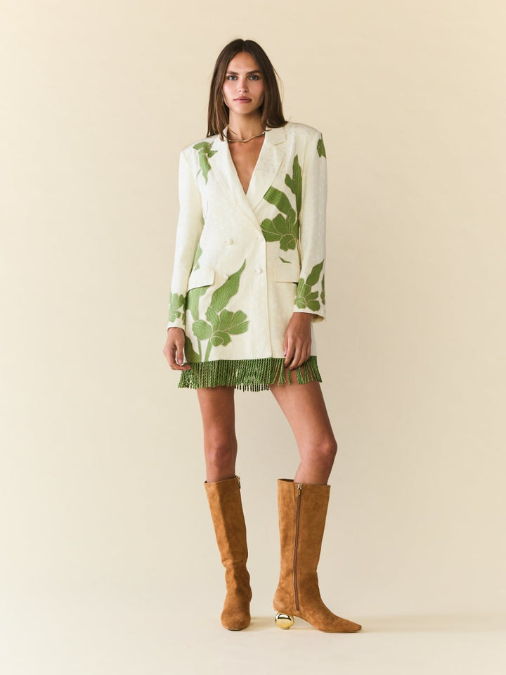 Alex Blazer Dress - Ivory With Green Applique