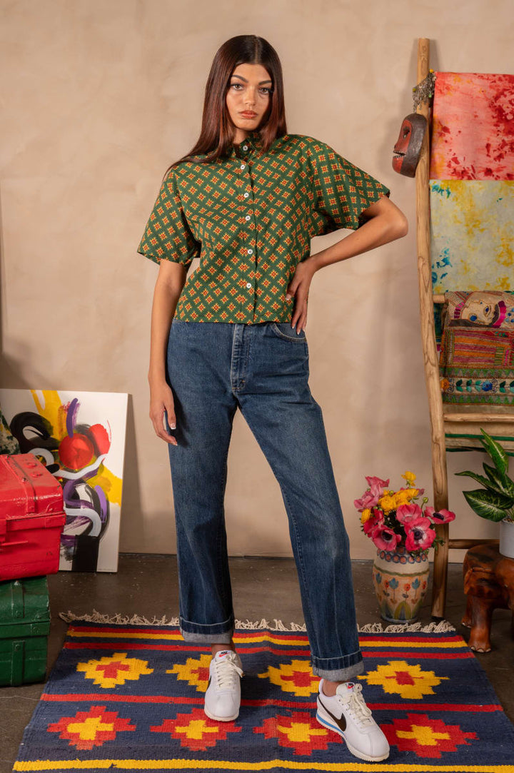 'The Michelle' Hand Printed Short Sleeve Shirt - Green And Gold Motif Print