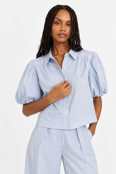 Puff Sleeve Button Up - Blue