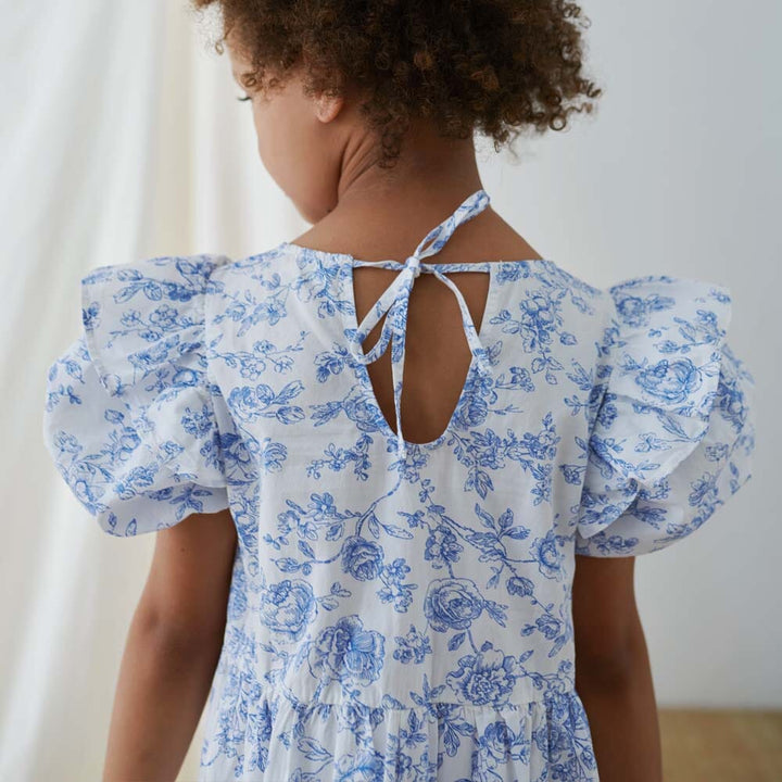 Cotton Floral Ruffle Dress - Ivory Blue Dresses + Skirts My Little Cozmo 