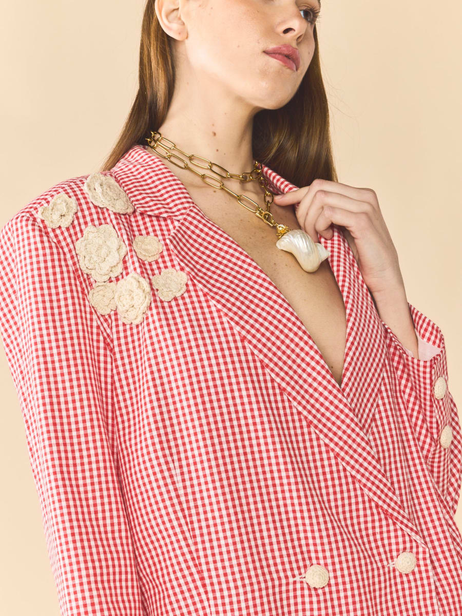 Meredith Blazer x Rainey - Red Gingham With Cream Crochet Appliqué