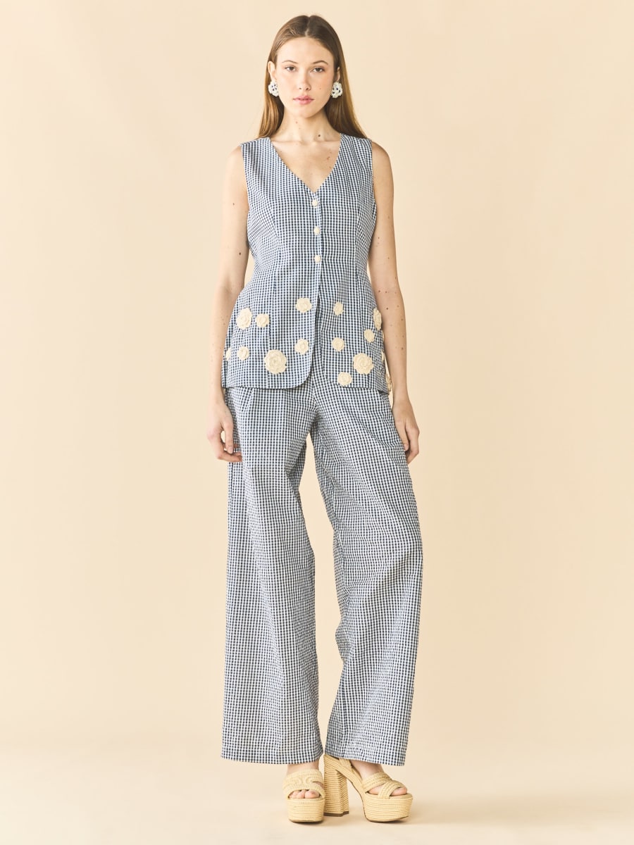 Alexa Top x Rainey Collaboration - Navy Gingham with Cream Crochet Appliqué