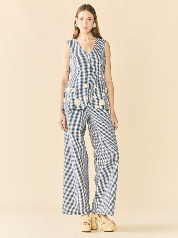 Alexa Top x Rainey Collaboration - Navy Gingham with Cream Crochet Appliqué