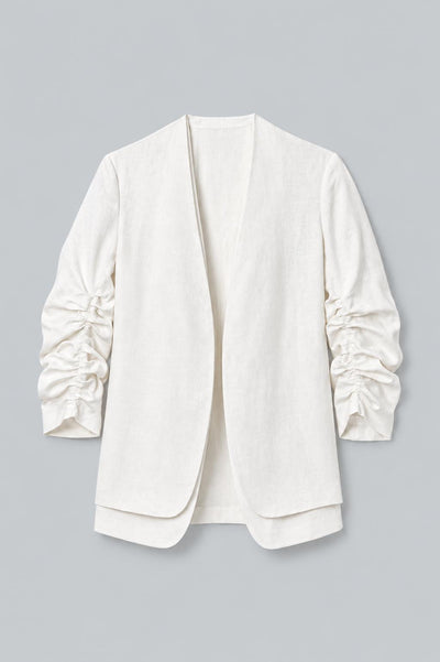 Linen Ruched Sleeve Blazer & Vest - White