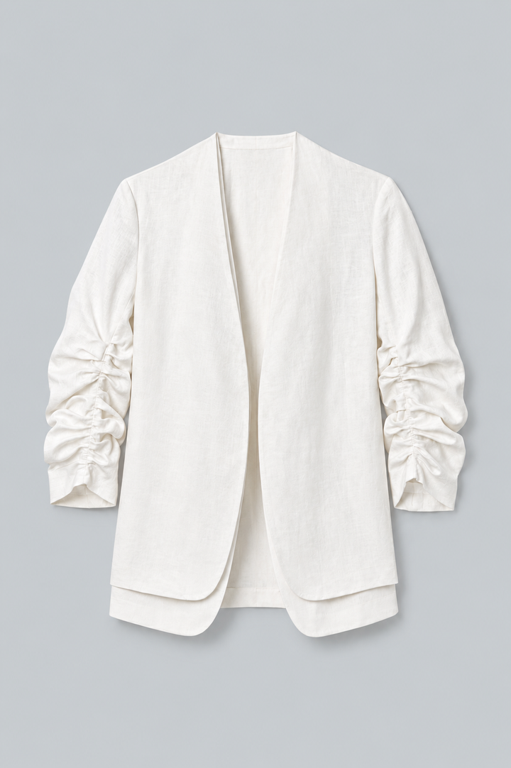 Linen Ruched Sleeve Blazer & Vest - White