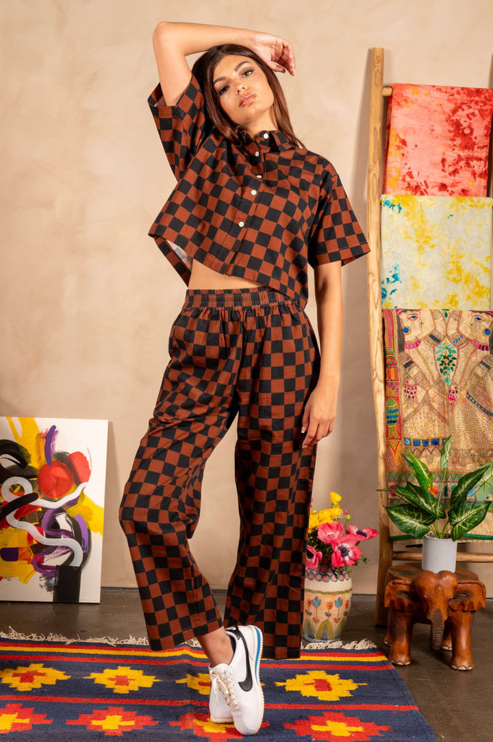 Hand Printed 'Seema' Pants - Chocolate And Black Chessboard
