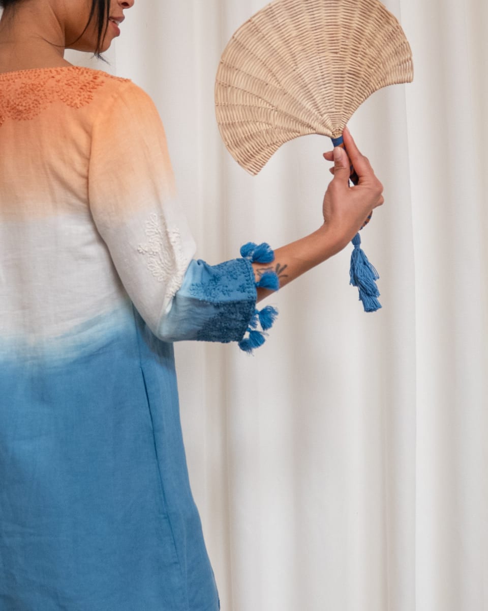 Rattan Fan - Natural W/ Blue & Leather Stripe Handle And Blue Tassel