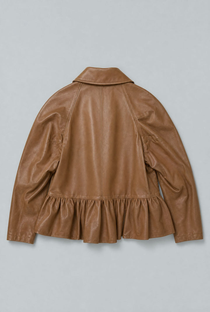 City Ruffled Leather Jacket - Brown