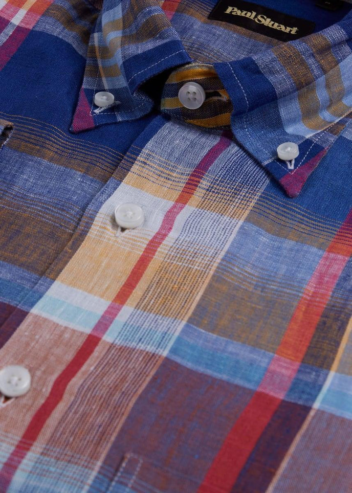 Linen Plaid Sport Shirt - Blue/Pink