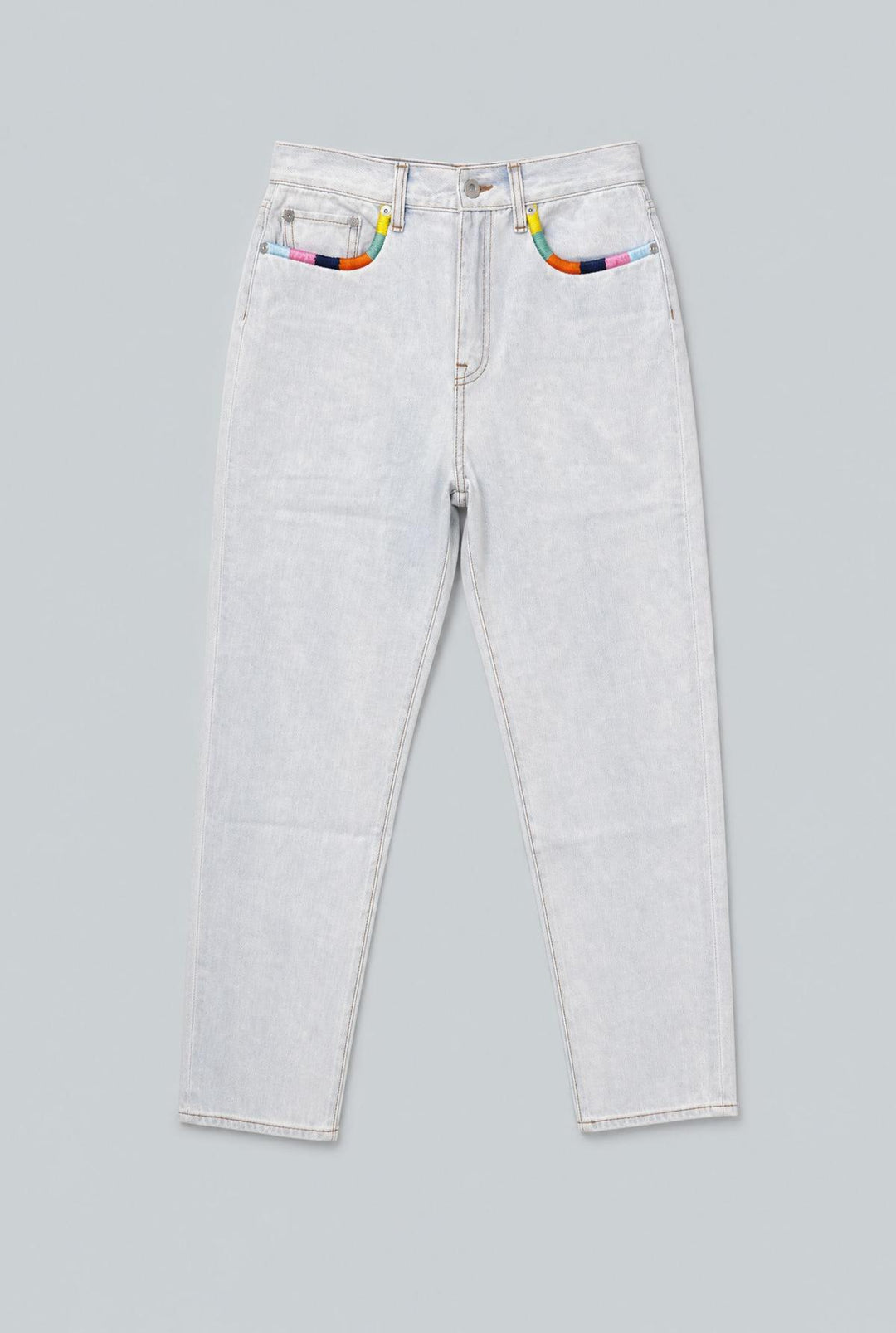 Straight Leg Embroidered Denim - Light Blue
