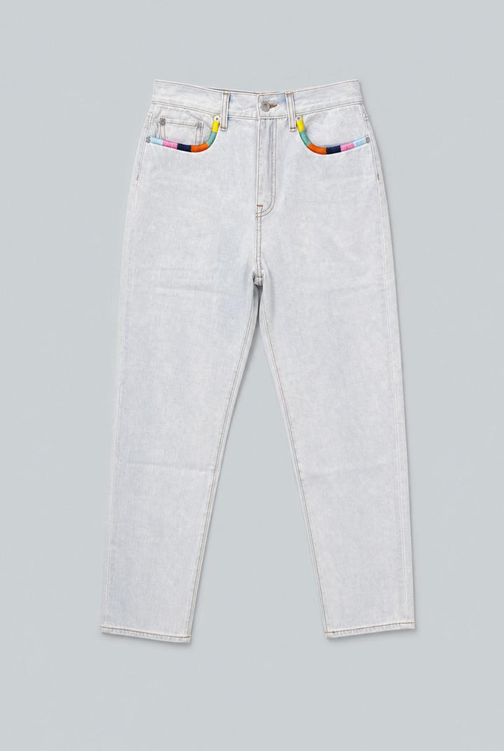 Straight Leg Embroidered Denim - Light Blue