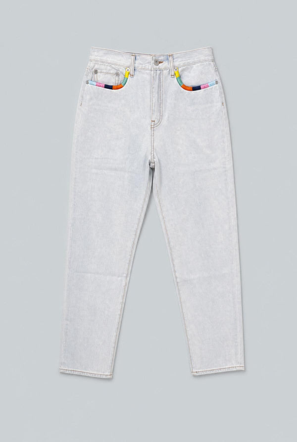 Straight Leg Embroidered Denim - Light Blue