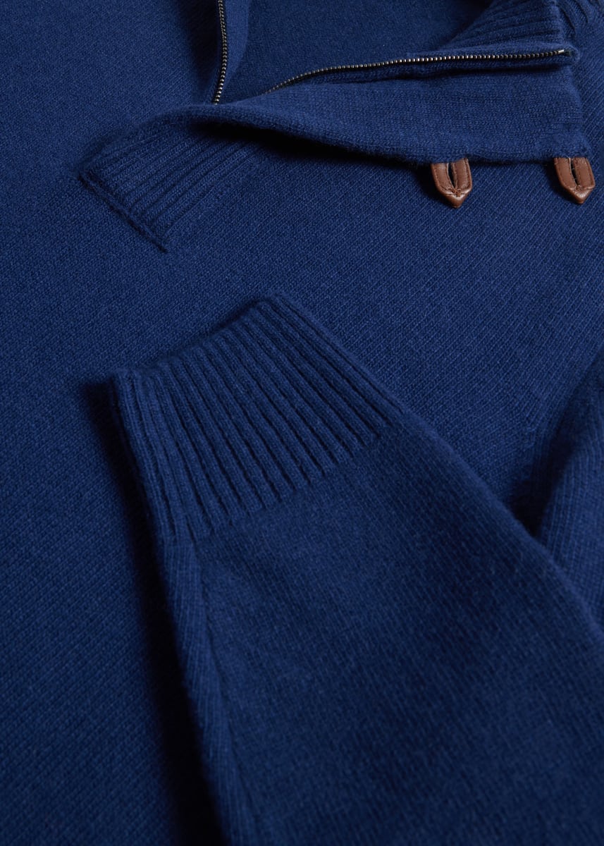 Quarter Zip Sweater With Suede Trim - Navy