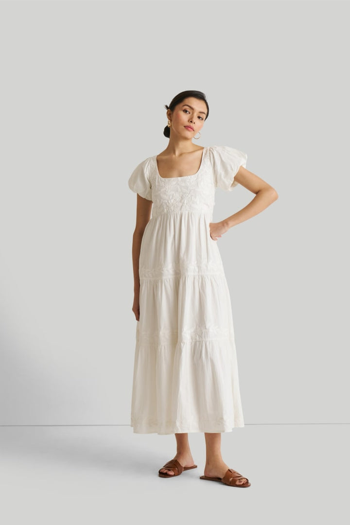 Puff Sleeve Embroidered Tiered Dress - Coconut White
