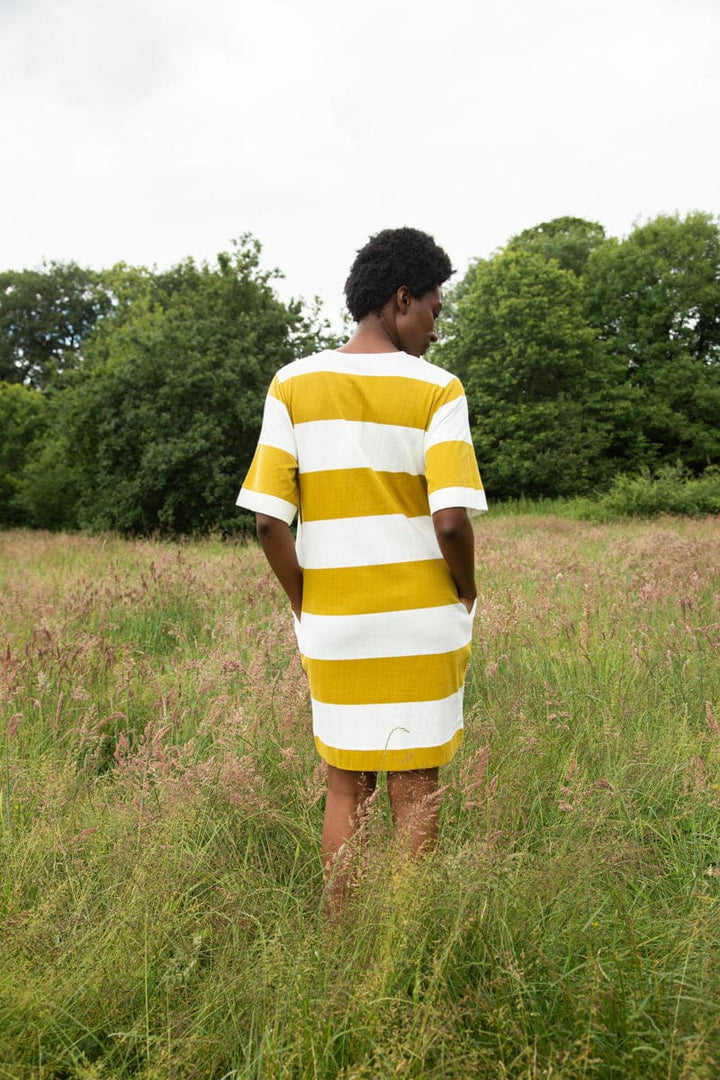Sasha-Sue Organic Cotton Dress - Olive and White Bold Stripe