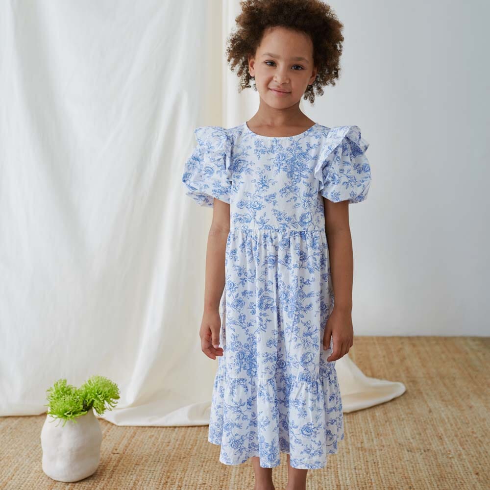 Cotton Floral Ruffle Dress - Ivory Blue